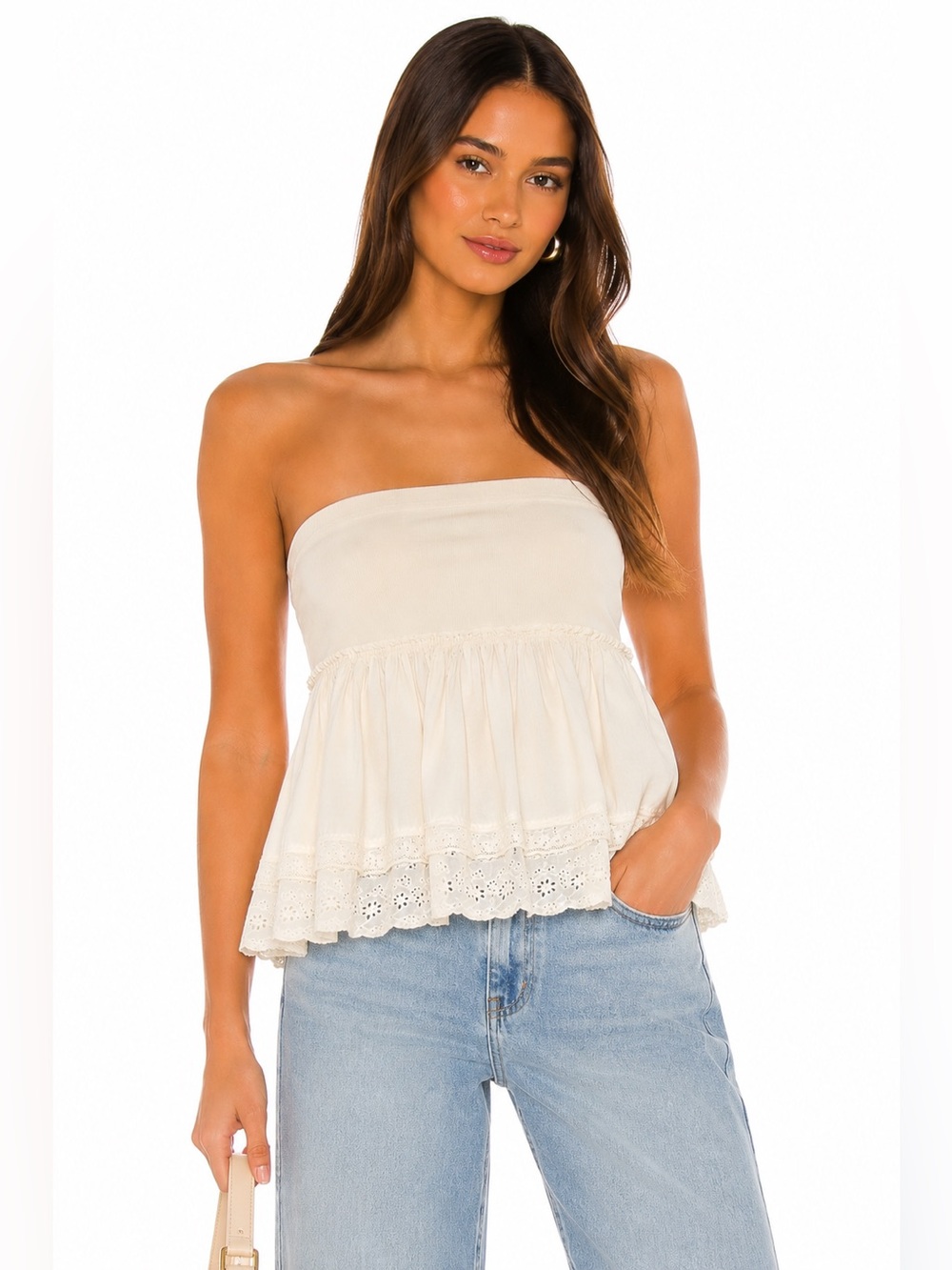 Kimchi Blue Ivory Strapless Eyelet Lace Peplum Babydoll Top Sz L